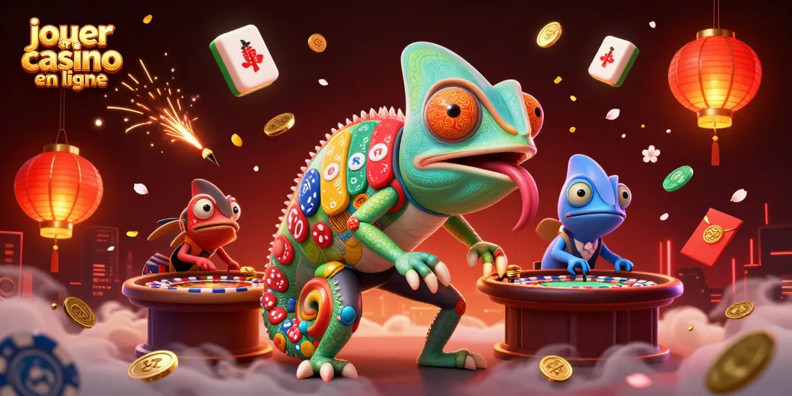 Jouer au casino en ligne avec un caméléon propriétaire coloré attirant des gains dans une ambiance festive.