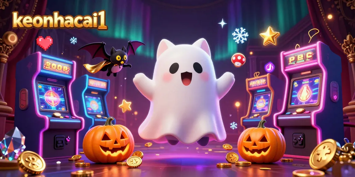 Engage with thrilling gaming at keonhacai1 featuring a friendly ghost cat and glowing casino elements.