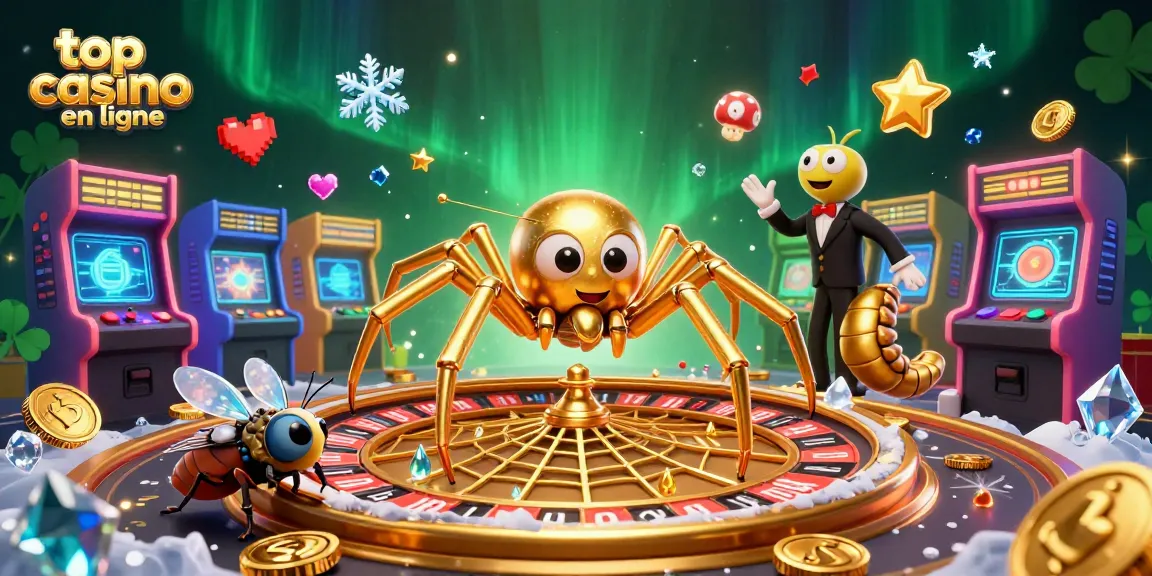 Pariez à top casino en ligne avec une scène dynamique illustrant une araignée dorée et un croupier mille-pattes.