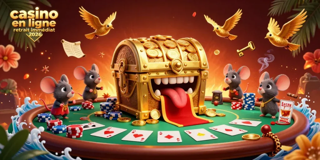 Illustration dynamique représentant le "casino en ligne retrait immédiat 2026" avec une ambiance festive d'aventure.