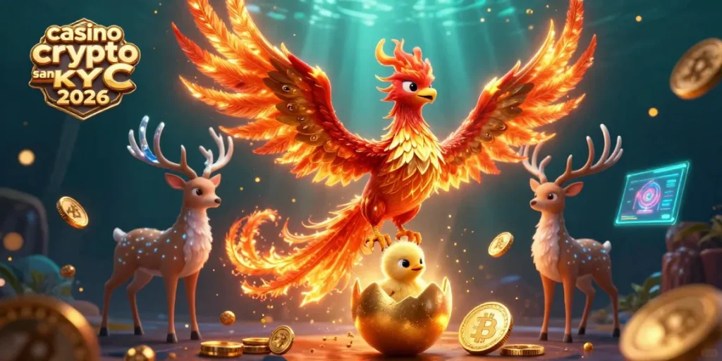 Illustration dynamique de casino crypto sans KYC 2026 avec un phoenix en feu, un bébé phoenix et un cerf mystique.