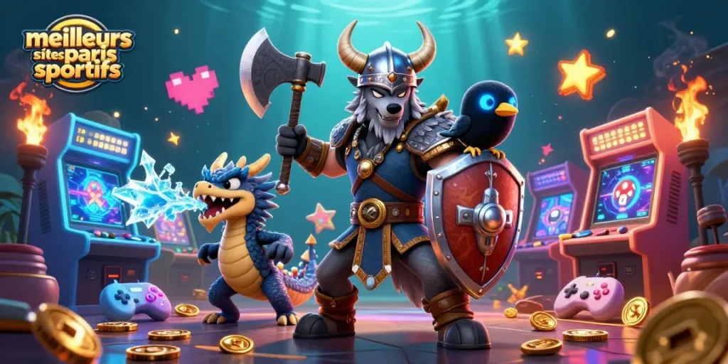 Des paris sportifs sur les meilleurs sites, avec un Viking loup guerrier et un dragon, ambiance dynamique.
