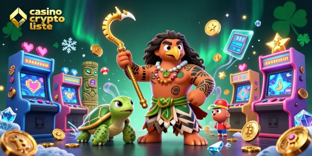 Plongez dans l'univers du casino avec notre liste de casino crypto, illustrée par un démon hawaïen et une tortue.