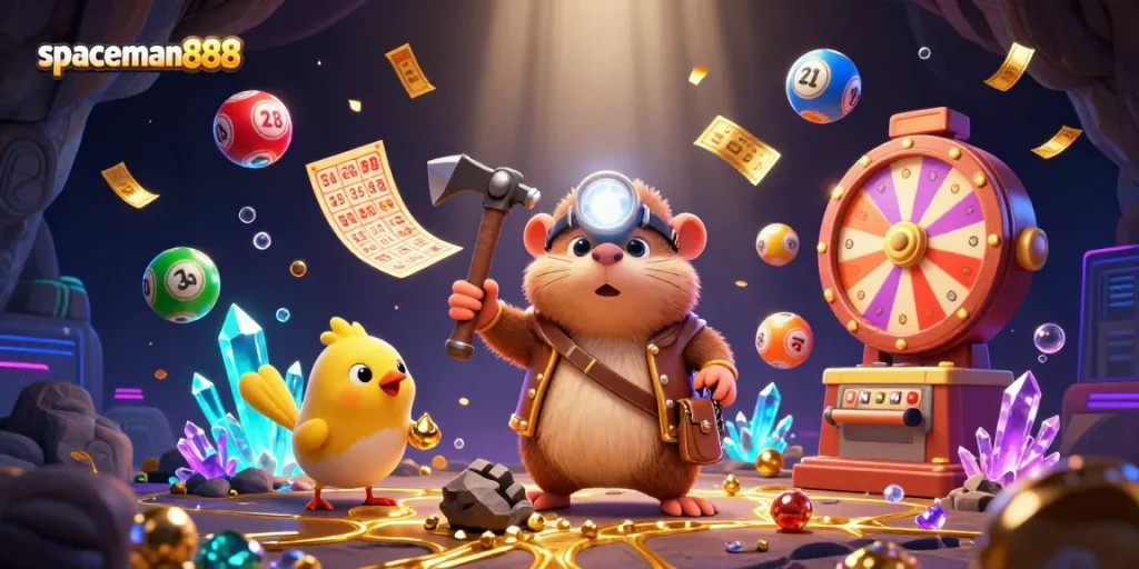 Experience the thrill of casino gaming with spaceman888, featuring a treasure hunter mole surrounded by vibrant lottery elements.