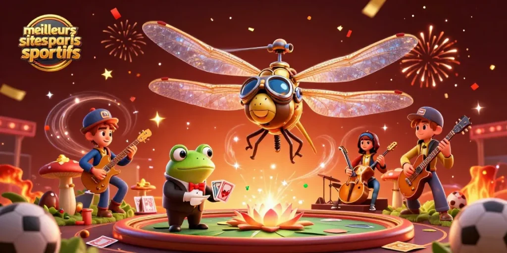 Pariez sur les meilleurs sites paris sportifs en observant un dragonfly pilote et un croupier grenouille au casino.