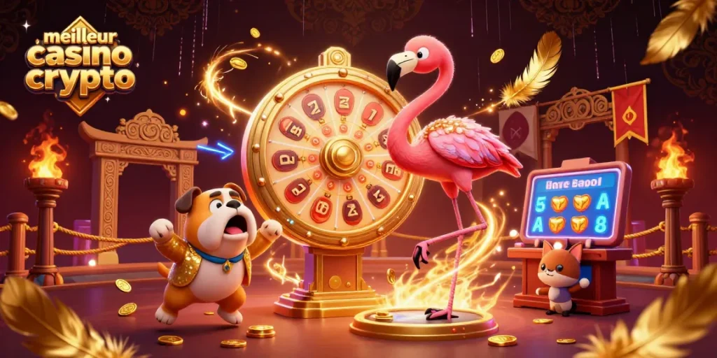 Actionner un jackpot au meilleur casino crypto avec un bulldog et un flamant rose en scène.