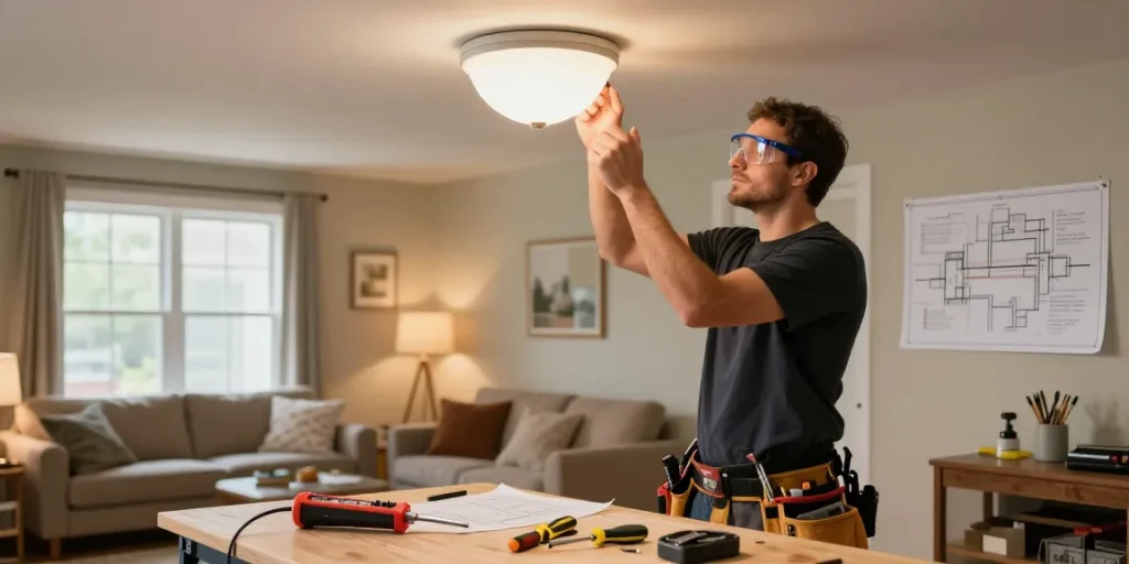 Electrician replacing a light fixture in a Birmingham home, learn more about reliable electrical support.