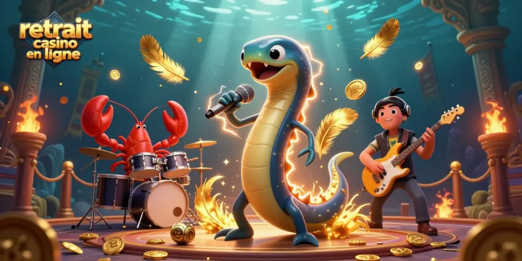 Retrait casino en ligne : animation sous-marine vibrant avec un electric eel DJ et un groupe, illustrant un casino dynamique.