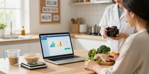 Nutritionist guiding meal prep with the best AI macro tracker on a laptop, showcasing healthy ingredients and a bright kitchen.