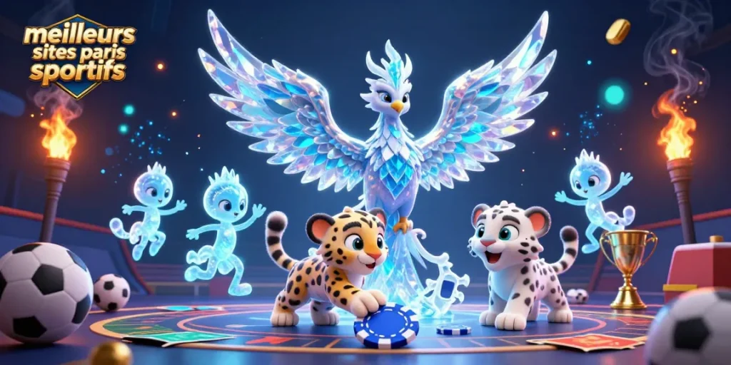 Pariez sur les meilleurs sites de paris sportifs tout en admirant une scène dynamique avec un phoenix de glace et un léopard des neiges.
