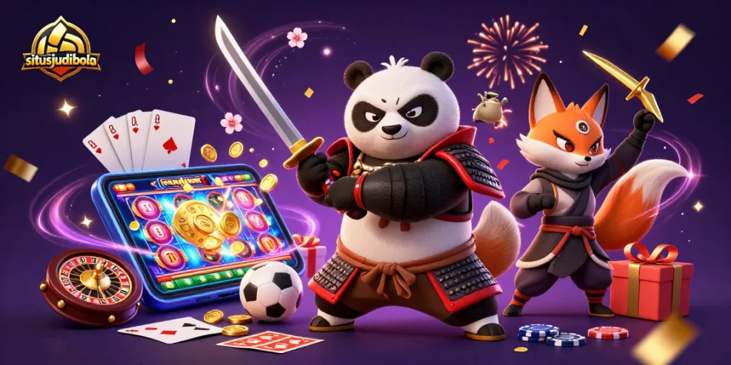 Experience thrilling action at situsjudibola with a dynamic scene of a samurai panda and ninja fox amidst sports betting excitement.