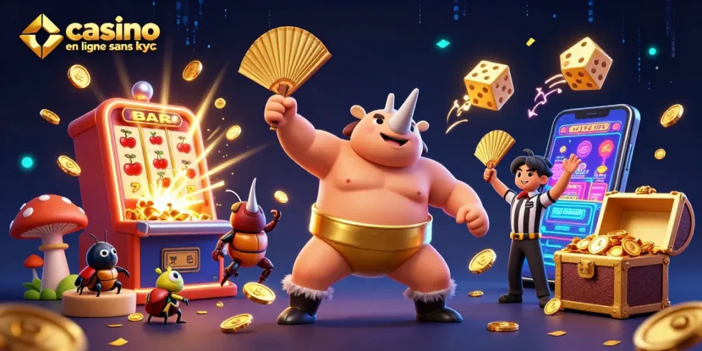 Jouer à des jeux de casino en ligne sans KYC dans une illustration ludique et dynamique.