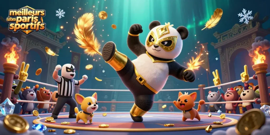 Scène dynamique de paris sportifs avec le panda lutteur et le chihuahua arbitre, meilleurs sites paris sportifs.